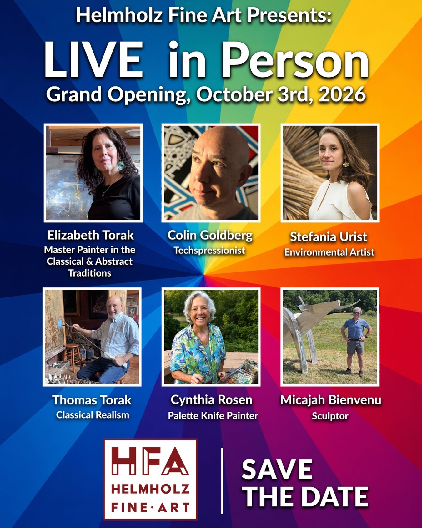 Helmholz Fine Art Live in Person exhibition flyer, grand opening October 3, 2026