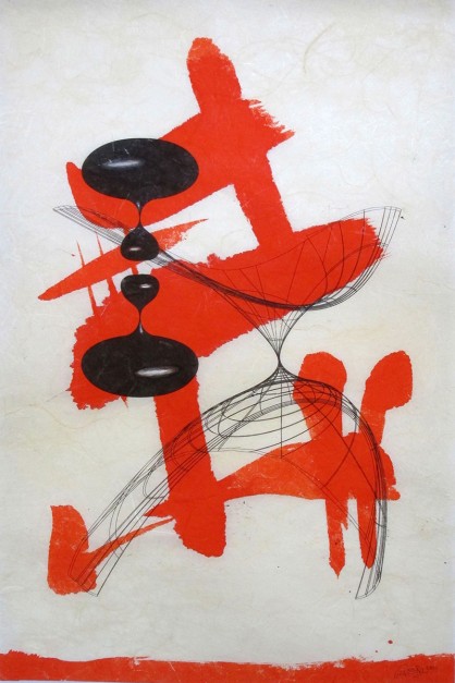Colin Goldberg, New Plastic Shodo #2, 2011. Sumi ink, gouache and pigment on Kinwashi paper, 12 x 18 inches.