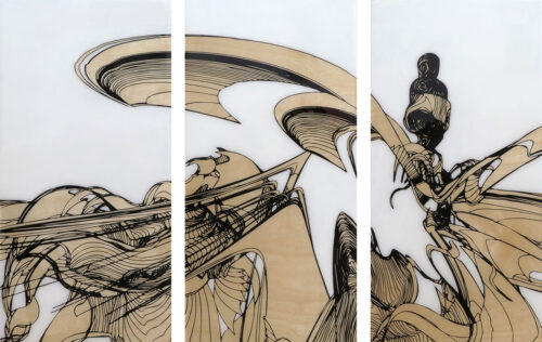 Colin Goldberg, Kodoku, 2014. Acrylic, pigment and resin on birch panels, 24x38 inches. Triptych.