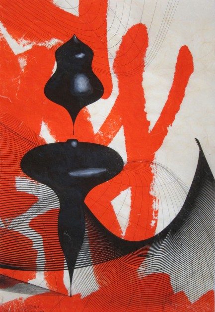 Colin Goldberg, New Plastic Shodo #5, 2013. Sumi ink, acrylic and pigment on Kinwashi paper, 12.25 x 18.75