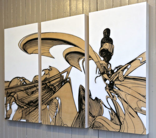 Colin Goldberg, Kodoku, 2014. Acrylic, pigment and resin on birch panels, 24x38 inches. Triptych.