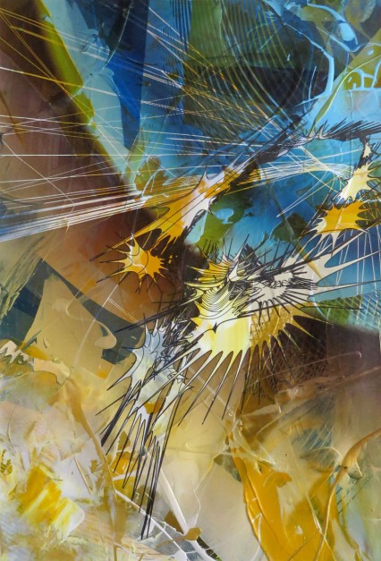 Colin Goldberg, Corona, 2015. Acrylic, metallic latex glaze and pigment on paper, 24 x 16 inches.