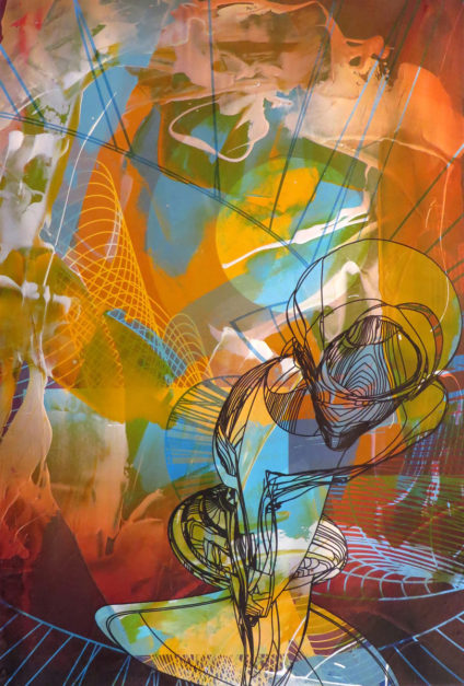 Colin Goldberg, Totem, 2015. Acrylic, metallic latex glaze and pigment on paper, 24 x 16 inches.