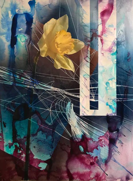 Colin Goldberg, Daffodil, 2018. India ink, acrylic and ink with iridescent primer on Rives BFK paper. 30 x 22 inches.