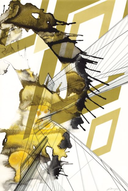 Colin Goldberg, Aku, 2017. 18 x 12 inches. India ink and pigment on Rives BFK paper