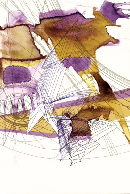 Colin Goldberg, Fukuzatsu, 2017. 18 x 12 inches. India ink and pigment on Rives BFK paper.