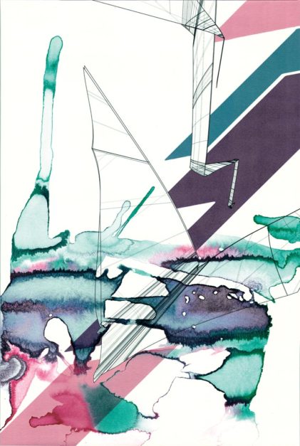 Colin Goldberg, Kantai, 2017. 18 x 12 inches. India ink and pigment on Rives BFK paper.