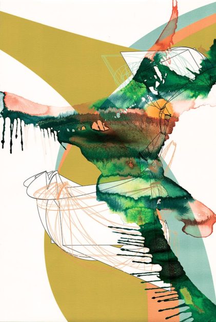 Colin Goldberg, Sentai, 2017. 18 x 12 inches. India ink and pigment on Rives BFK paper.