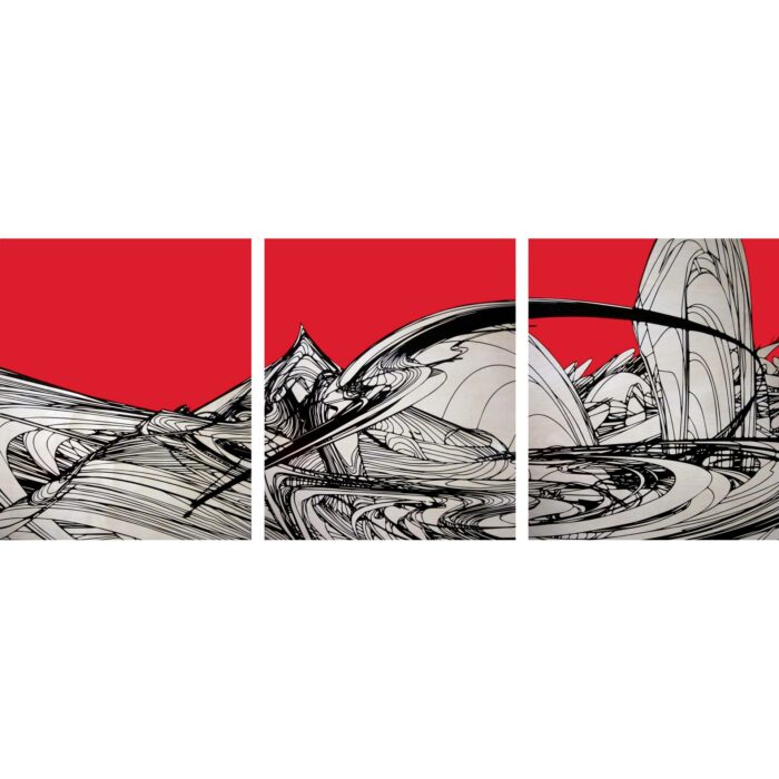Colin Goldberg, Inazuma, 2013. Acrylic and pigment with liquid polymer on birch panels, 24 x 62 inches. Triptych.