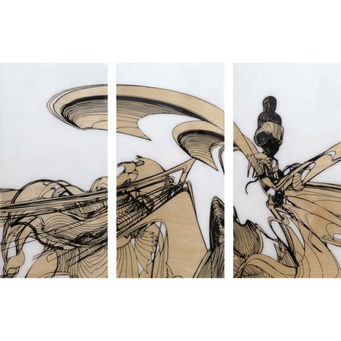 Colin Goldberg, Kodoku, 2014. Acrylic, pigment and resin on birch panels, 24×38 inches. Triptych.