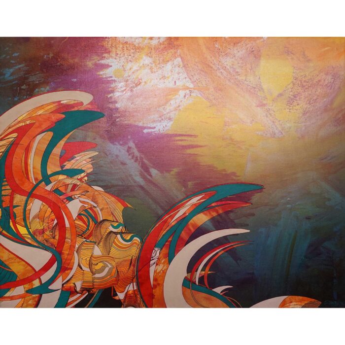 Aztec Half-Life, 2012. Oil and pigment on canvas with gold leaf, 32 x 20 inches.