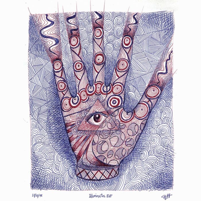 Colin Goldberg, Illuminatus Est, 1998. Ballpoint on paper, 8.5 x 11 inches. Original lost.