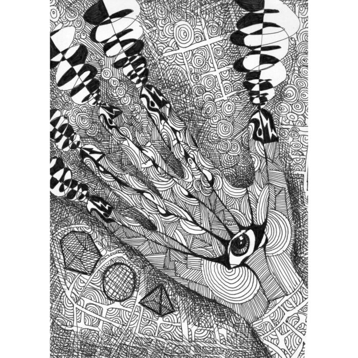 Colin Goldberg, Karmic Balance, 1999. Ballpoint on paper, 8 x 10 inches.