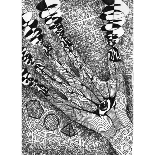 Colin Goldberg, Karmic Balance, 1999. Ballpoint on paper, 8 x 10 inches.