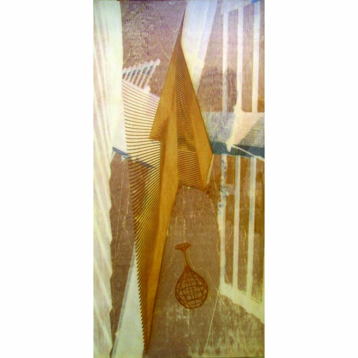 Colin Goldberg, Windmill With Falling Wireframe, 2006. Laser-etched wood with pigment and liquid polymer, 12 x 24 inches.