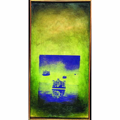 Colin Goldberg, Green Floating Castles, 1994. Silkscreen ink, acrylic and enamel on canvas, 14 x 24 inches. Private collection, New York.