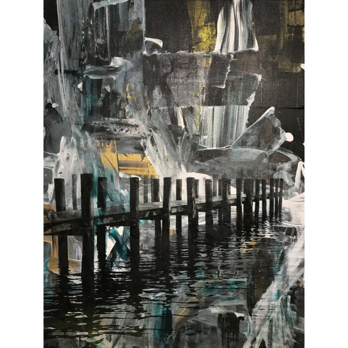 Colin Goldberg, Greenport Dock #1, 2017. Acrylic and pigment on linen. 32 x 24 inches.