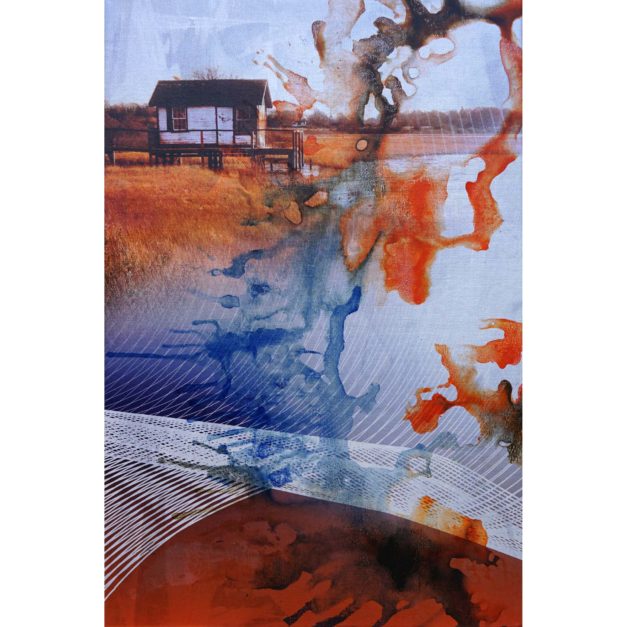 Oysterponds, 2018. India ink, archival inkjet and iridescent primer on linen. 24 x 16 inches.