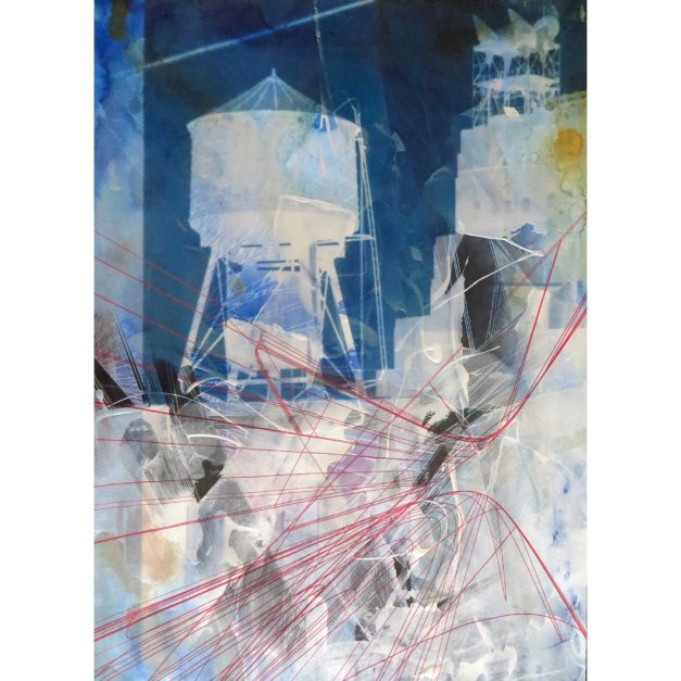 Blue Watertower, 2015. Acrylic, india ink wash and archival inkjet on paper, 29 x 21 inches.