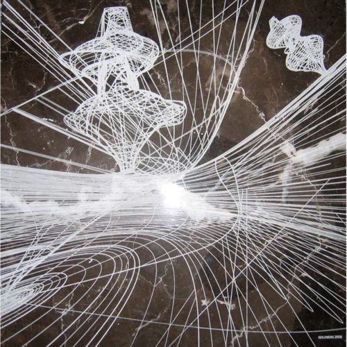Colin Goldberg, Antispace Structures, 2005. Laser-etched marble, 12 x 12 inches. Private collection, New York.