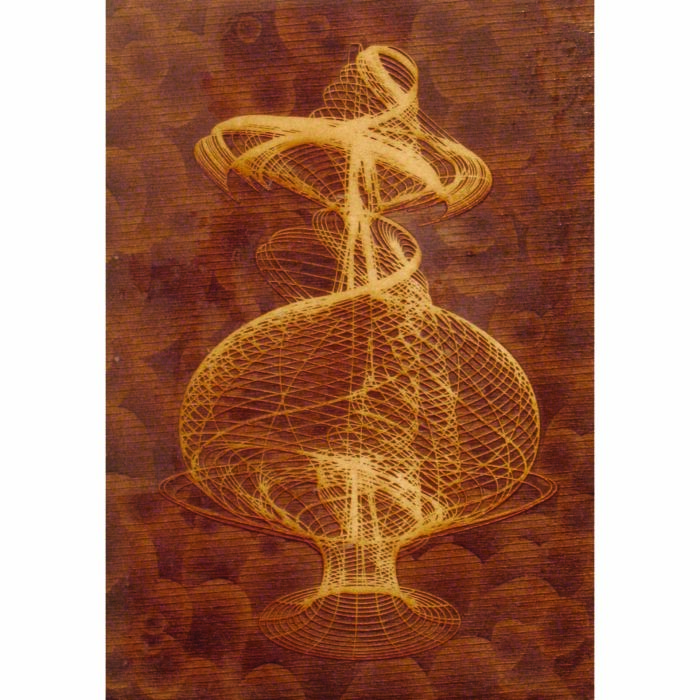 Colin Goldberg, Volumetric Gesture (Wood), 2006. Laser-etched wood panel with pigment and liquid polymer, 8.25 x 11.75 inches.