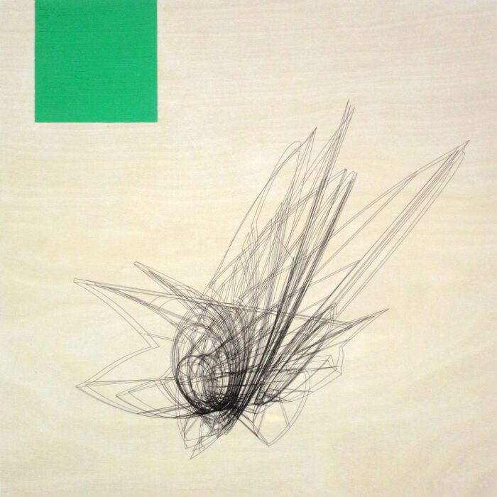 Colin Goldberg, Wireframe With Green Square, 2013. Acrylic and pigment with liquid polymer on birch panel, 12 x 12 inches. Private collection, Orient NY