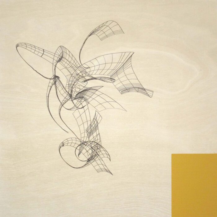 Colin Goldberg, Wireframe With Yellow Rectangle, 2013. Acrylic and pigment with liquid polymer on birch panel, 12 x 12 inches.
