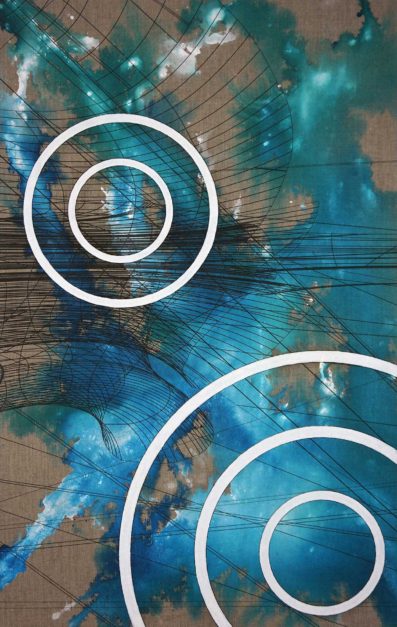 Go, 2018. Oil, India ink and pigment on linen. 38 x 24 inches.