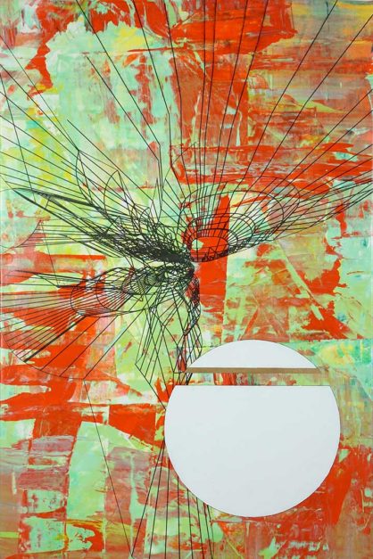 Colin Goldberg, Koma, #2 2019. Acrylic and ink with gold leaf on canvas. 24 x 16 x 1.5 in