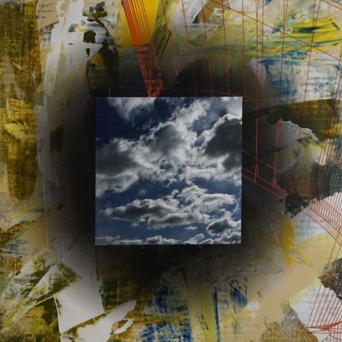 Colin Goldberg, Square Composition with Clouds, 2020. Acrylic and archival inkjet on linen over wood panel. 20 x 20 inches.