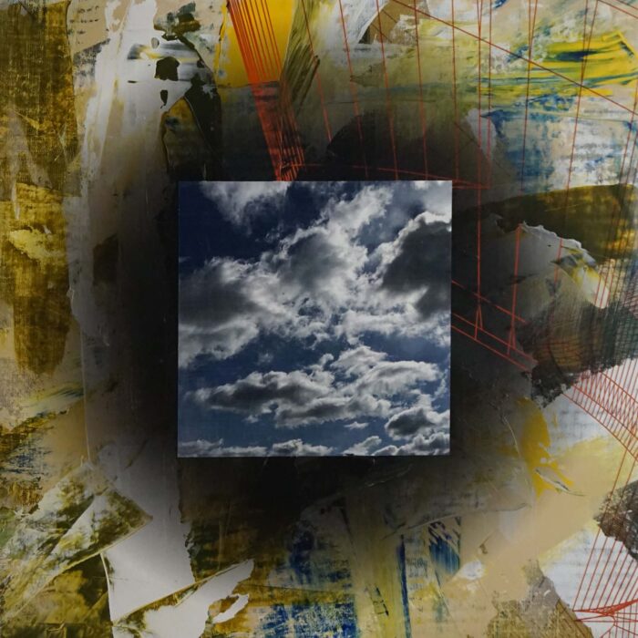 Colin Goldberg, Square Composition with Clouds, 2020. Acrylic and ink on linen over wood panel. 20 x 20 inches.