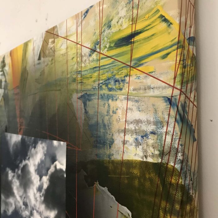 Colin Goldberg, Square Composition with Clouds, 2020. Acrylic and ink on linen over wood panel. 20 x 20 inches.