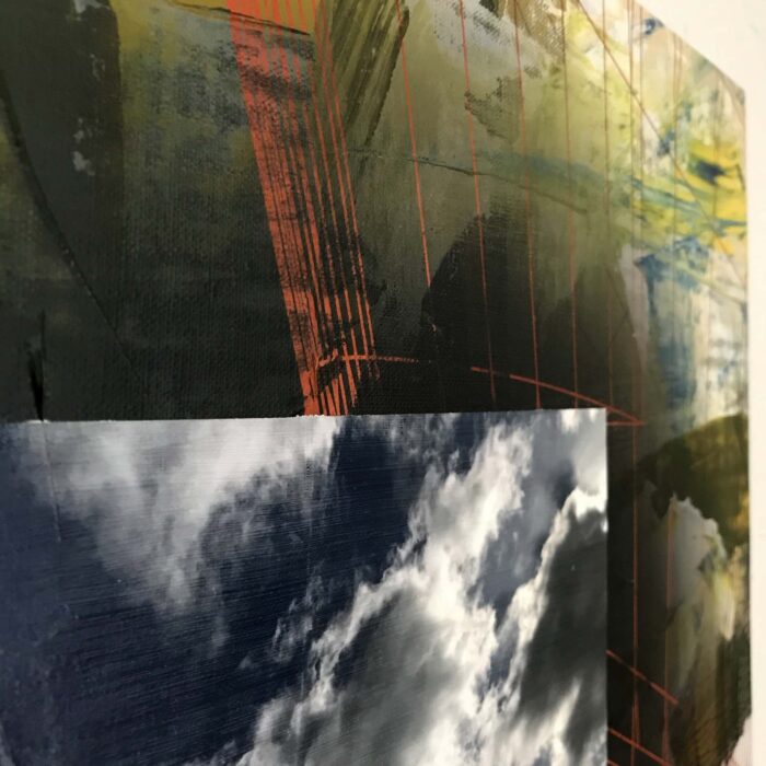 Colin Goldberg, Square Composition with Clouds, 2020. Acrylic and ink on linen over wood panel. 20 x 20 inches.