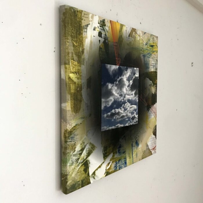 Colin Goldberg, Square Composition with Clouds, 2020. Acrylic and ink on linen over wood panel. 20 x 20 inches.
