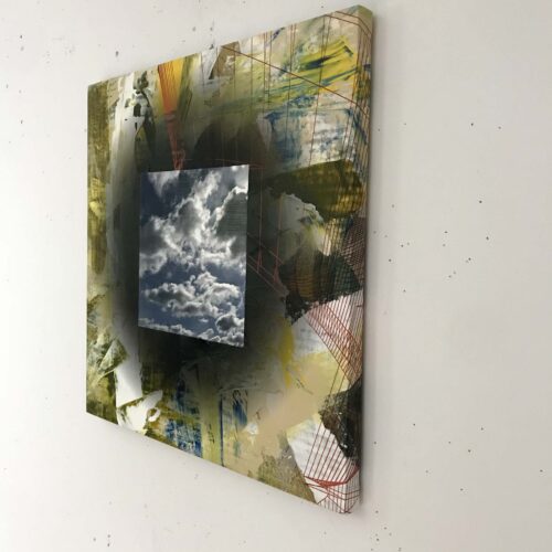 Colin Goldberg, Square Composition with Clouds, 2020. Acrylic and ink on linen over wood panel. 20 x 20 inches.