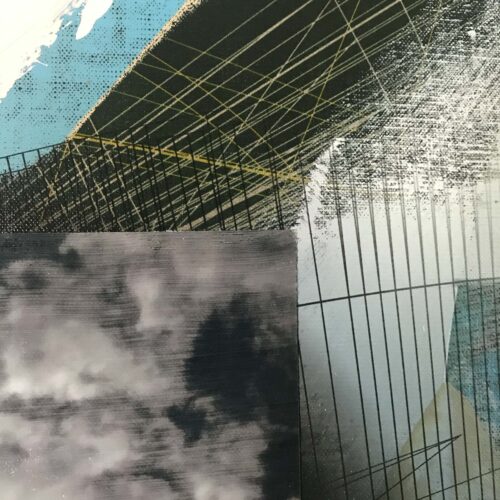 Colin Goldberg, Square Composition with Clouds #2, 2020. Acrylic and ink on linen. 20 x 20 inches.