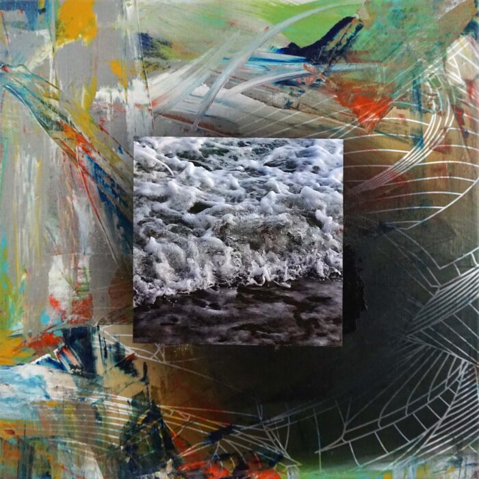 Colin Goldberg, Square Composition with Waves, 2020. Acrylic and ink on linen. 20 x 20 inches.