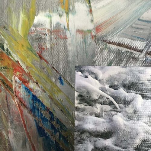 Colin Goldberg, Square Composition with Waves, 2020. Acrylic and ink on linen. 20 x 20 inches.