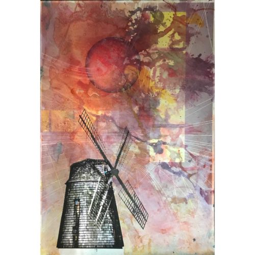 Colin Goldberg, Composition With Windmill #2, 2011. India ink, metallic glaze and pigment on paper, 18 x 12 inches.