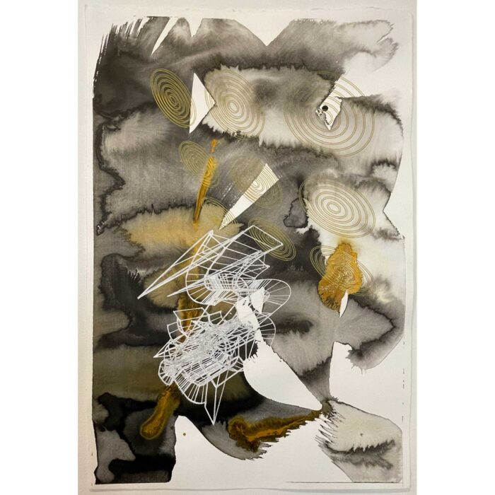 Colin Goldberg, Black & Ochre Composition, 2022. 19 x 13 inches. Computer-robotic assisted drawing with metallic gold and white ink and India ink wash on Rives BFK paper.