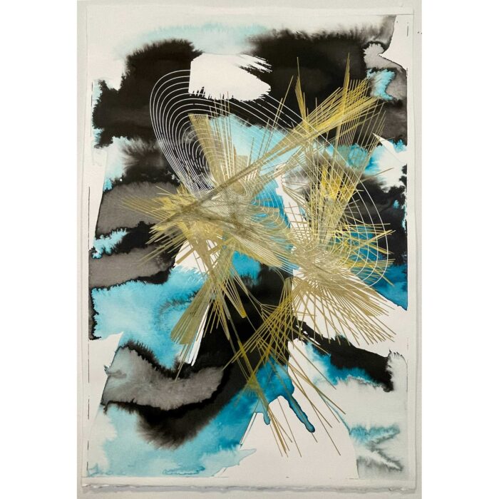 Colin Goldberg, Cyan & Gold Composition, 2022. 19 x 13 inches. Computer-robotic assisted drawing with metallic gold and white ink and India ink wash on Rives BFK paper.
