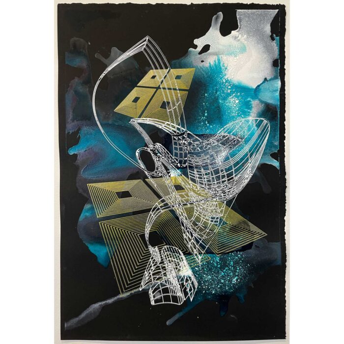 Colin Goldberg, Cyan & Gold Composition #2, 2022. 19 x 13 inches. Computer-robotic assisted drawing with metallic gold and white ink and India ink wash on Rives BFK paper.