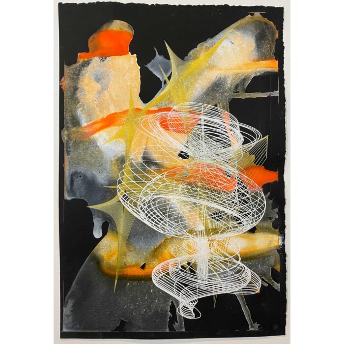Colin Goldberg, Orange & Gold Composition, 2022. 19 x 13 inches. Computer-robotic assisted drawing with metallic gold and white ink and India ink wash on Rives BFK paper.