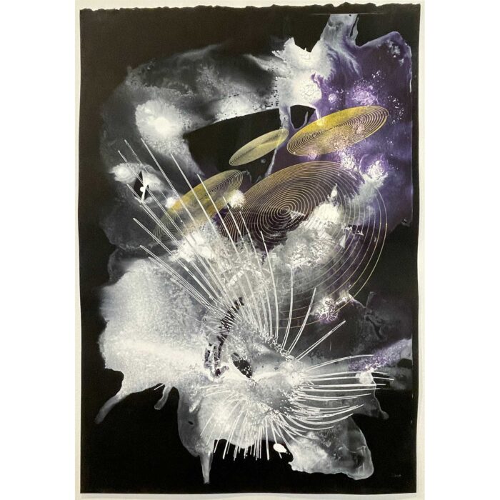 Colin Goldberg, Purple & Gold Composition #2, 2022. 19 x 13 inches. Computer-robotic assisted drawing with metallic gold and white ink and India ink wash on Rives BFK paper.