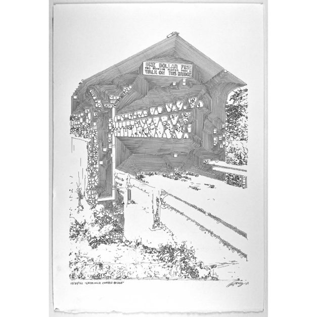 Colin Goldberg, Chiselville Covered Bridge, 2022. Computer-robotic assisted graphite pencil drawing on Rives BFK paper. Edition 1/1.