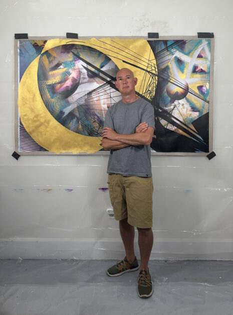 Colin Goldberg with his painting Manifest in his North Bennington Vermont studio.
