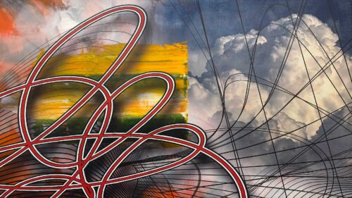 Colin Goldberg, Echelon, 2025. Acrylic and archival inkjet on linen. 36x64 inches.