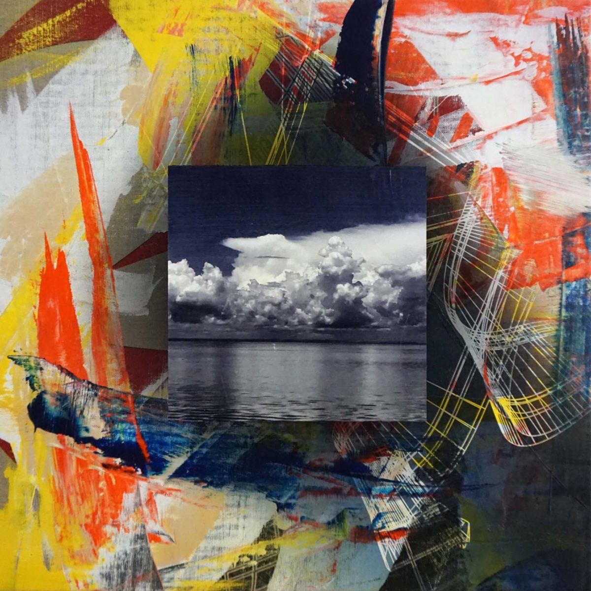 A square black-and-white photo of clouds over water is centered on a colorful abstract background with bold red, yellow, blue, and white brushstrokes.