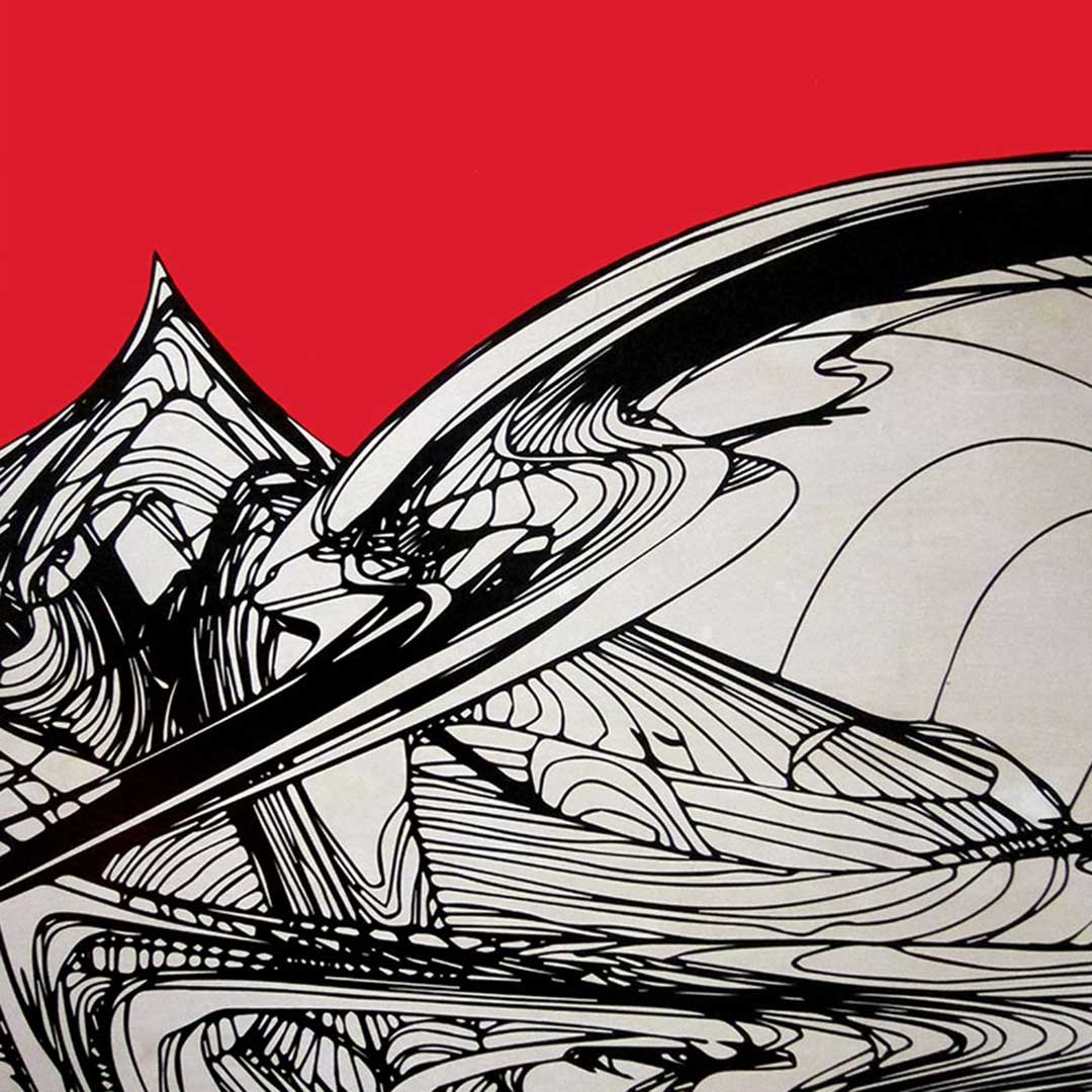Abstract black and white swirling lines form wave-like shapes on a stark red background. The image has a dynamic, chaotic feel, with intricate, curved patterns and sharp points.