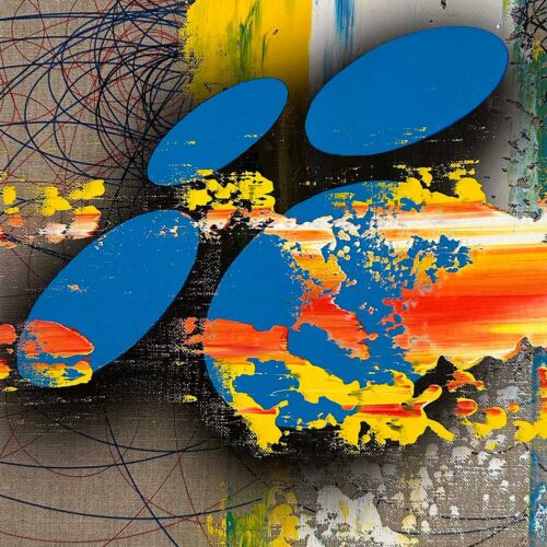 Abstract painting featuring four large blue ovals over vibrant splashes of yellow, orange, and white, with black and red lines swirling in the background. The overall effect is energetic and dynamic.